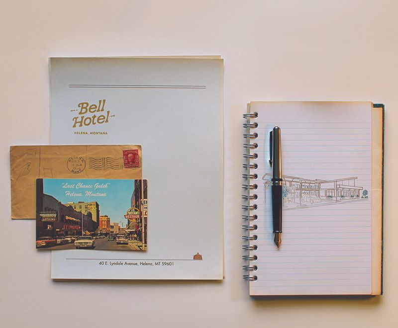 A collage of Bell Hotel stationary, a Helena postcard and a notebook with a drawing of an old motel.